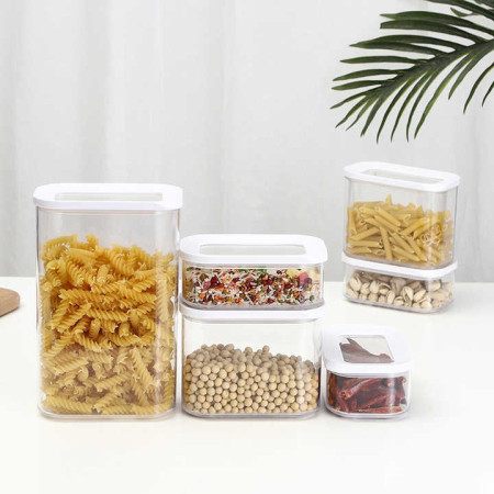 Set 5 Cutii de Depozitare Alimente, Cyrax, Capac Alb, din ABS+Silicon, 23 x 15 x 27 cm, Transparent