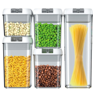 Cutii de Depozitare Alimente, Cyrax, set din 5 Cutii pentru Condimente, Volumetrie 0.5l, 0.8l, 1.2l, 1.9l, Transparente cu Capac Alb