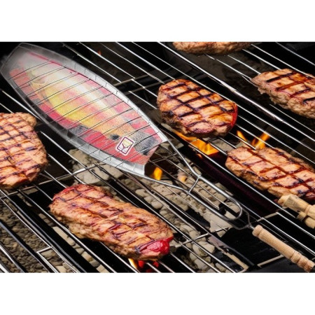Gratar Grill Inox pentru Peste, Cyrax, cu Maner, de Dimensiuni Reduse, Usor de Transportat si Depozitat, Argintiu, 56x12 cm