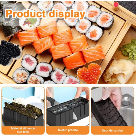 Set ustensile pentru facut sushi Cyrax, 10 piese, forma inima inclus, 3 forme clasice, extensibil, finisaj lucios, material ABS, curatare usoara, negru
