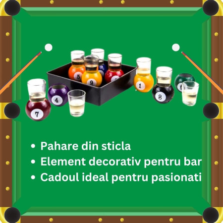 Set 9 pahare de shot Cyrax, cu suport tip bila de biliard, detasabil, 30 ml, din sticla, 17 x 17 x 10 cm, multicolor